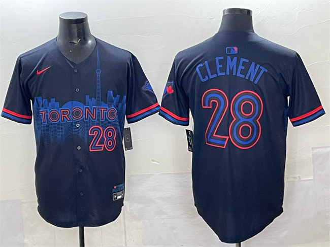 Men's Toronto Blue Jays #28 Ernie Clement Navy 2024 City Connect Limited Stitched Baseball Jersey Men's Toronto Blue Jays #28 Ernie Clement Navy 2024 City Connect Limited Stitched Baseball Jersey
